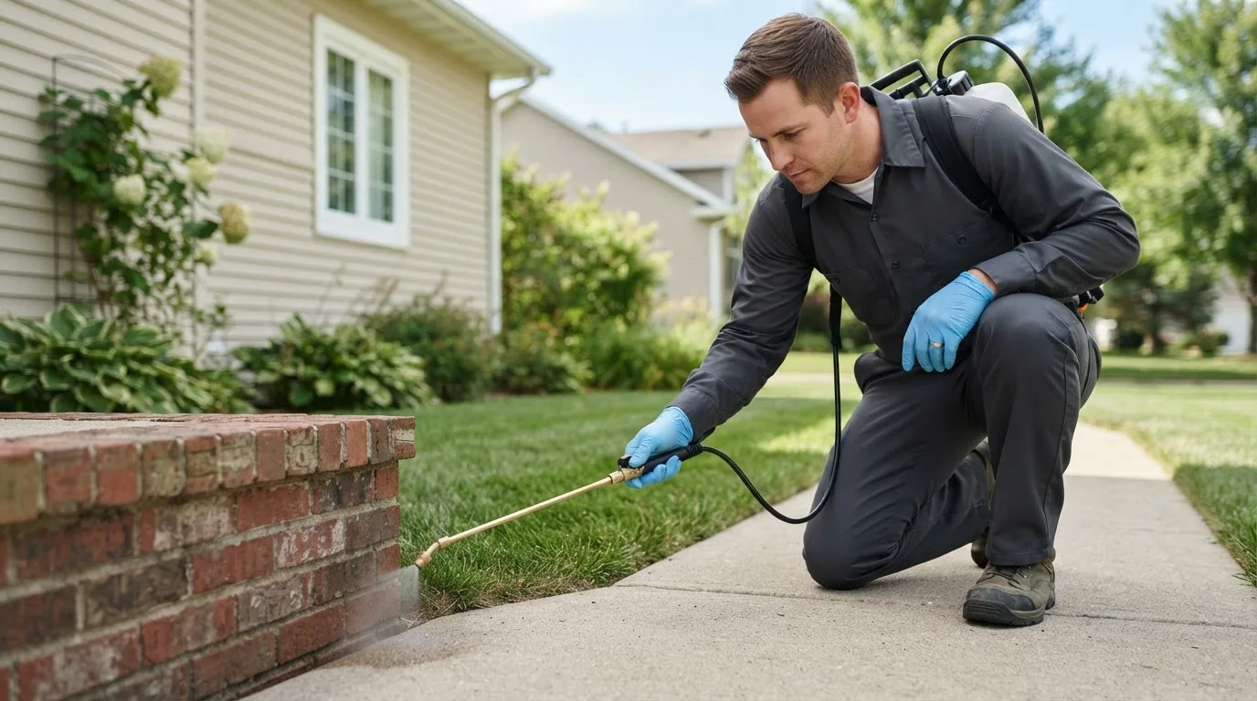 Pest control technician treating a home near Arnett, WV
